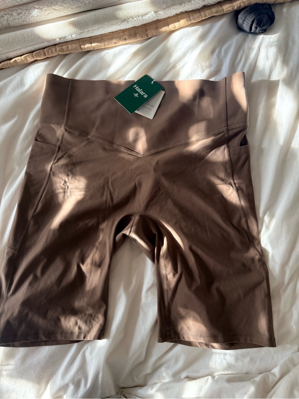 HALARA Brown High-Waist tummy control Bike Shorts with Side Pockets